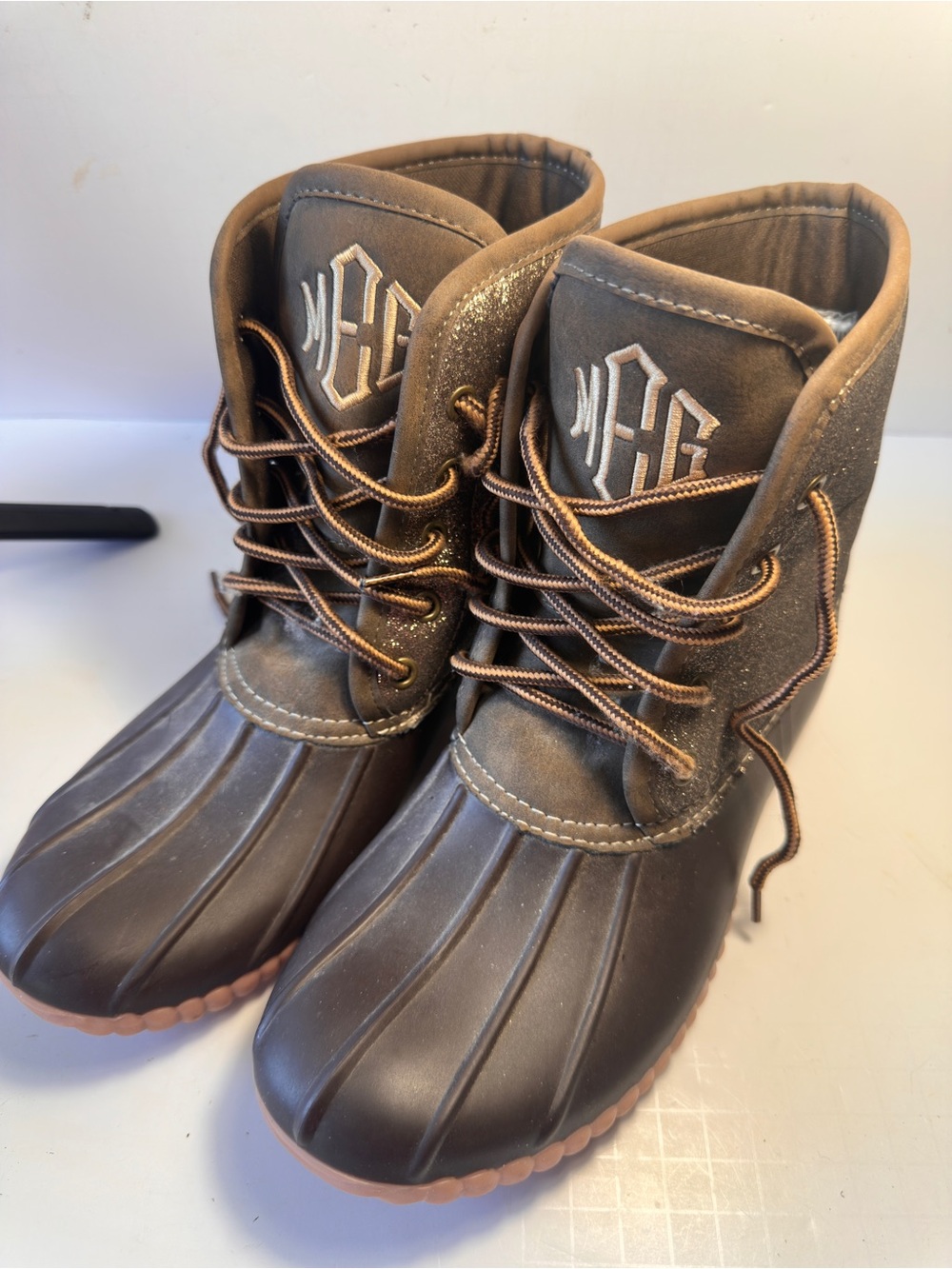 MarleyLilly Brown Glitter Monogram Duck Boots Size 8